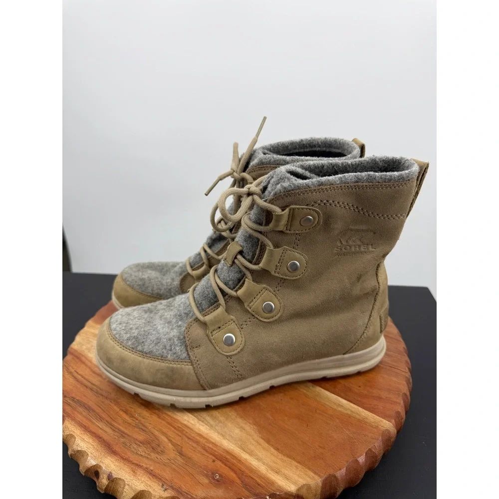 Sorel Explorer Joan felt Waterproof Boot Women 8.5 Khaki Suede Felt NL3423-297